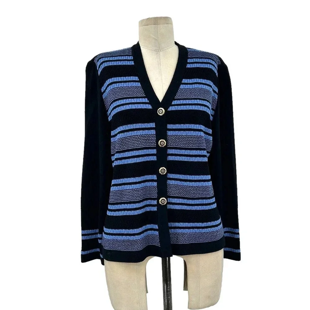 St. John Collection Santana‎ Knit Black Blue Stripe Cardigan Sweater Size 4
